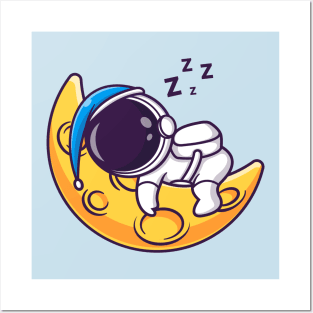 Cute Astronaut Sleeping On Moon Wearing Beanie Hat  Cartoon Posters and Art